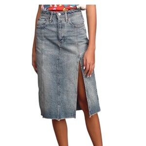 Free People Mambo Denim Midi Skirt Size 26 High Side Slit Cotton Blue Y2K